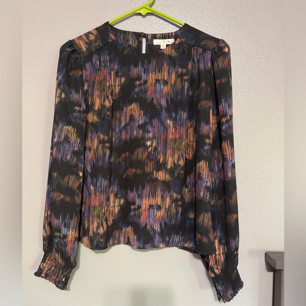 nine britton Black Multicolor Abstract Print Long-Sleeve Blouse